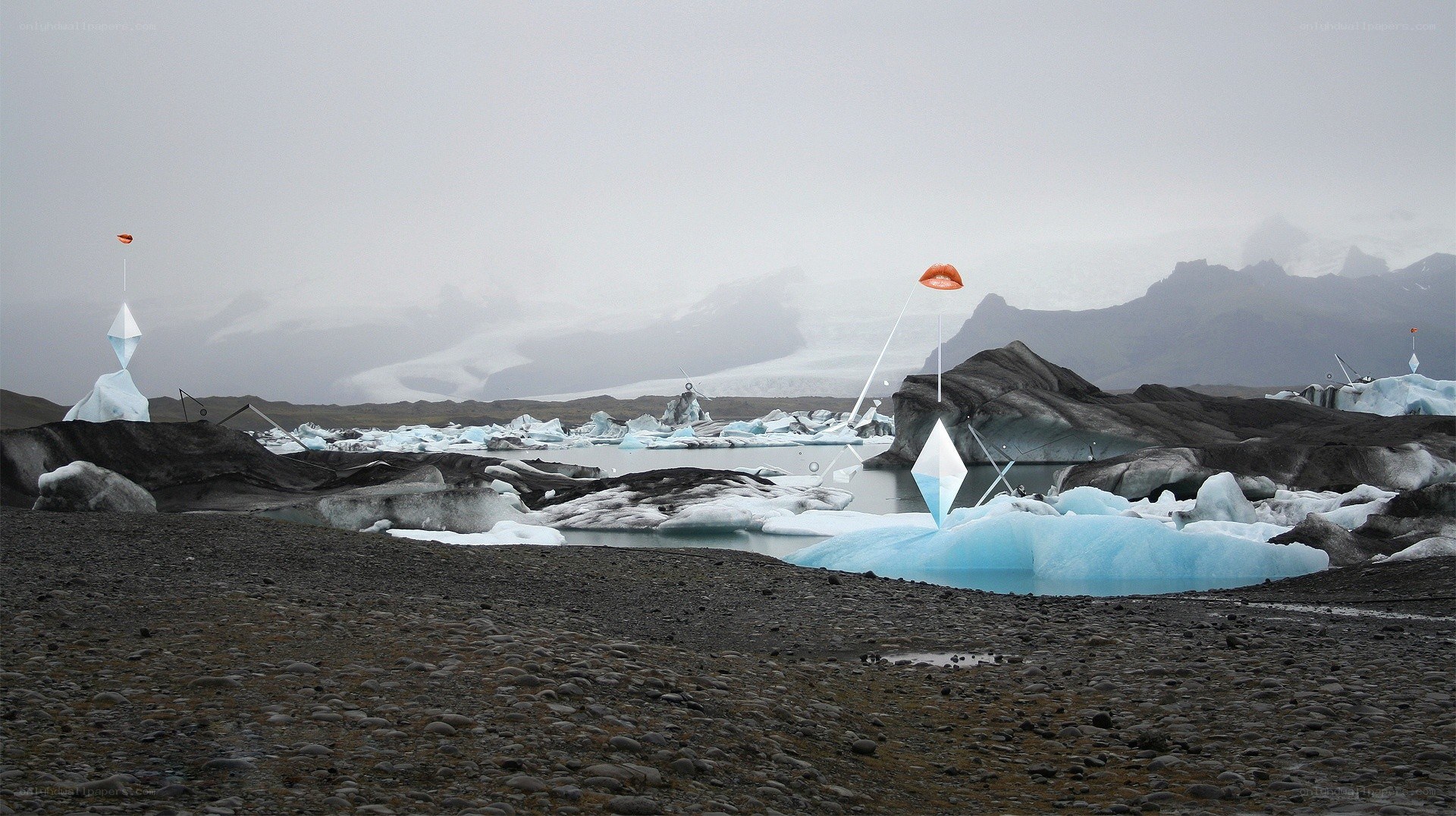 Glacial landscape with art installations