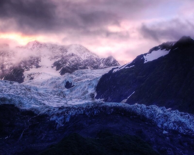 Glacier at dusk in the mountains
