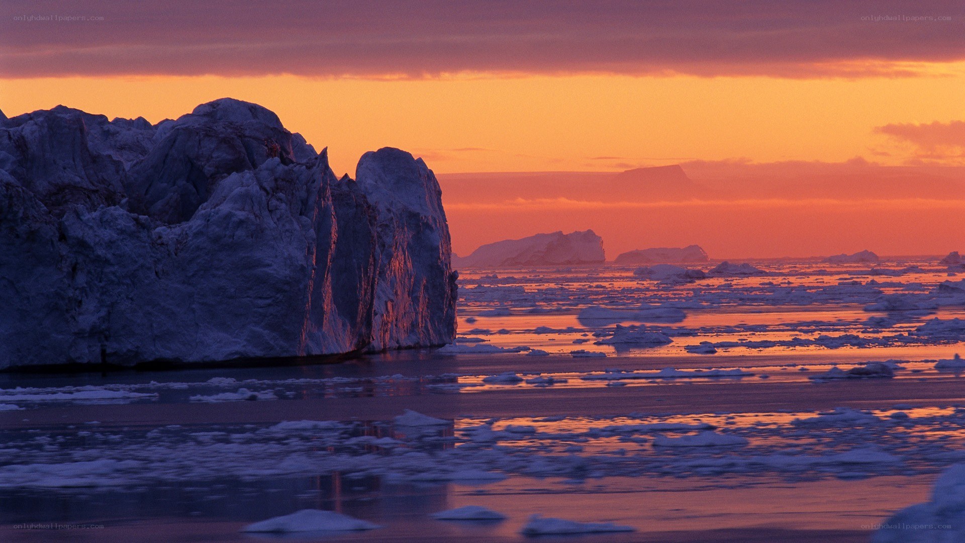 Glacier at sunset with ice floes