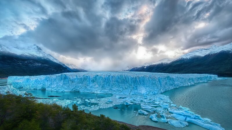 Glacier Calving into Lake — Blue, Dramatic, Morning