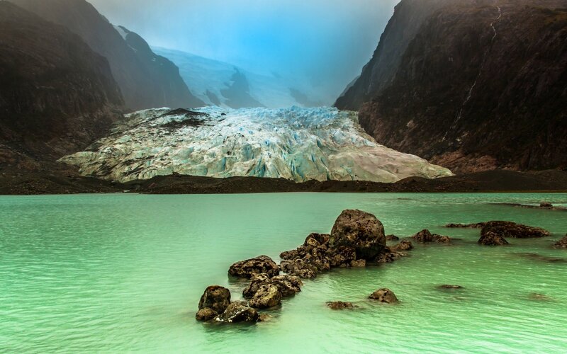 Glacier Calving into Lake — Green