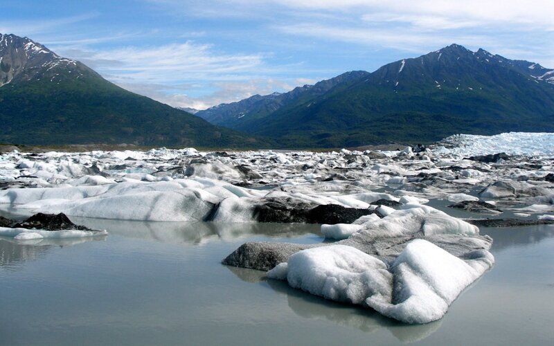 Glacier field with mountains