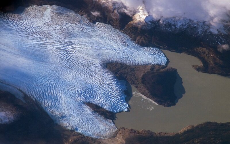 Glacier Flowing into Lake — Blue, Dramatic