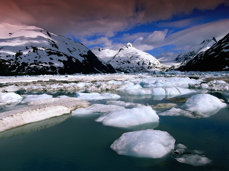 Glacier ice in a mountain fjord