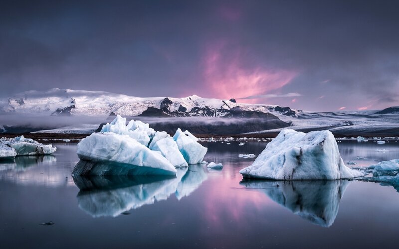 Glacier icebergs at dusk