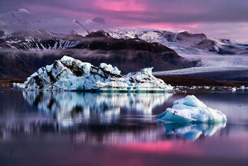 Glacier icebergs at sunset