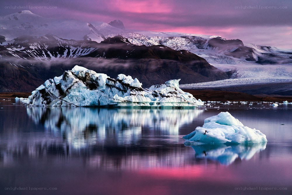 Glacier icebergs at sunset
