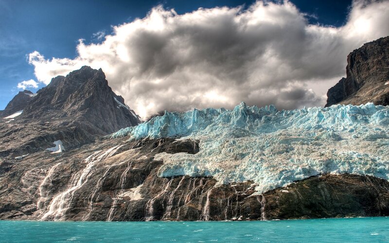 Glacier in Mountain Range — Blue, Dramatic, Afternoon, Photograph, Mountains, Clouds