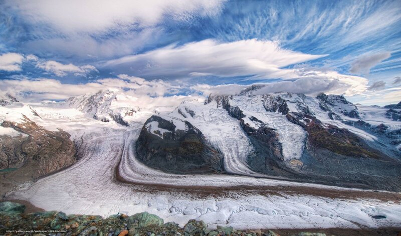 Glacier in Mountain Range — Blue, Dramatic, Afternoon, Photograph, Mountains, Snow, Clouds