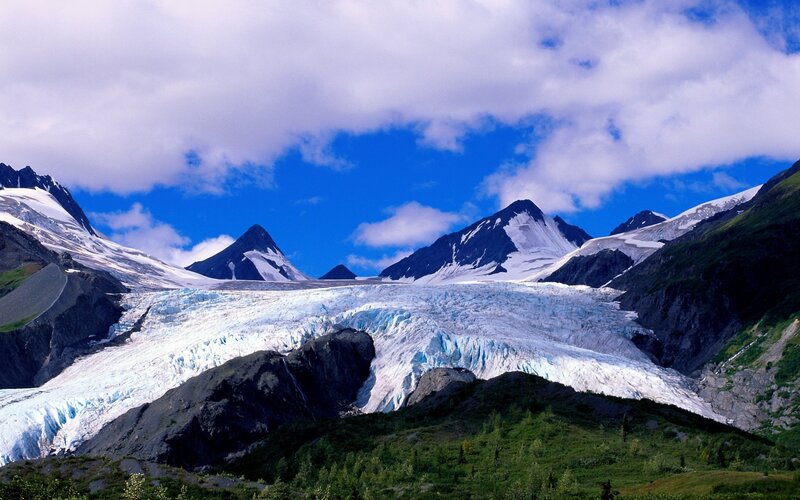 Glacier in Mountain Range — Blue, Dramatic, Afternoon, Photograph, Mountains, Snow, Sky