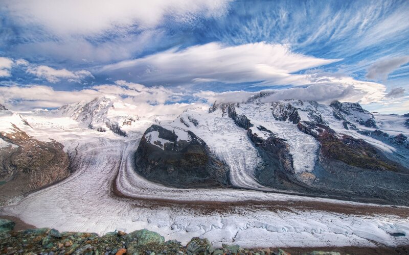 Glacier in Mountain Range — Blue, Dramatic, Afternoon, Photograph, Mountains, Snow