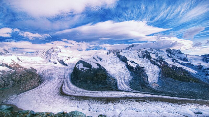 Glacier in Mountain Range — Blue, Dramatic, Photograph