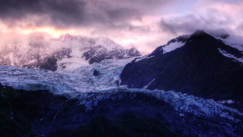 Glacier in Mountain Range — Purple, Dramatic, Sunset, Photograph, Mountains, Snow, Clouds