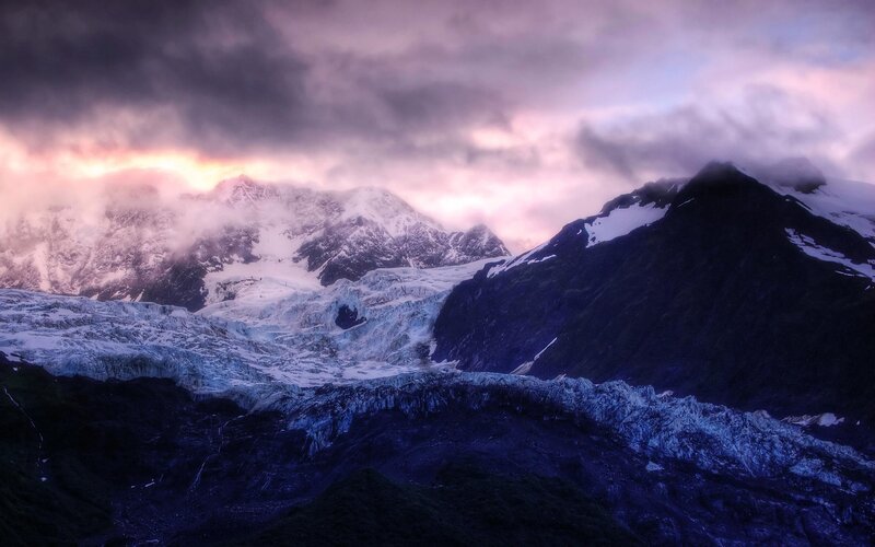 Glacier in Mountain Range — Purple, Dramatic, Sunset, Photograph, Mountains, Snow