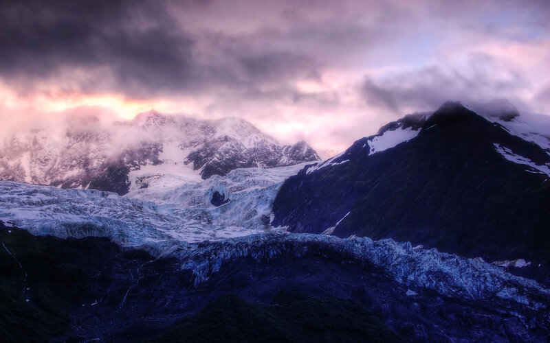 Glacier in Mountain Range — Purple, Dramatic, Sunset, Photograph, Mountains