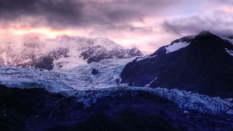 Glacier in Mountain Range — Purple, Dramatic