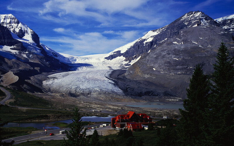 Glacier in Mountain Valley — Blue, Dramatic, Afternoon, Photograph, Mountains, Trees