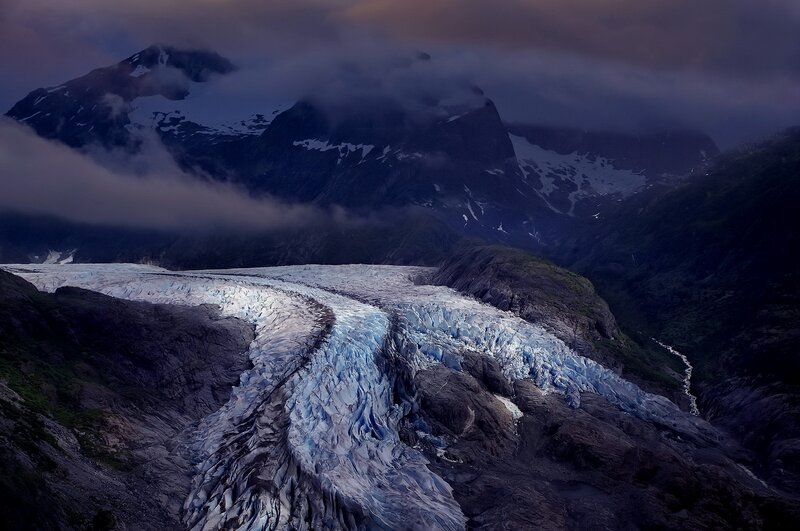 Glacier in Mountain Valley — Blue, Dramatic, Night