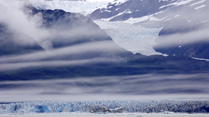 Glacier in Mountain Valley — Blue, Dramatic, Photograph, Mountains, Ice, Clouds