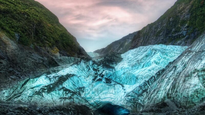 Glacier in Mountain Valley — Blue, Dramatic, Sunset, Photograph
