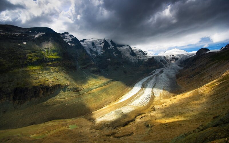 Glacier in Mountain Valley — Gray, Dramatic, Afternoon
