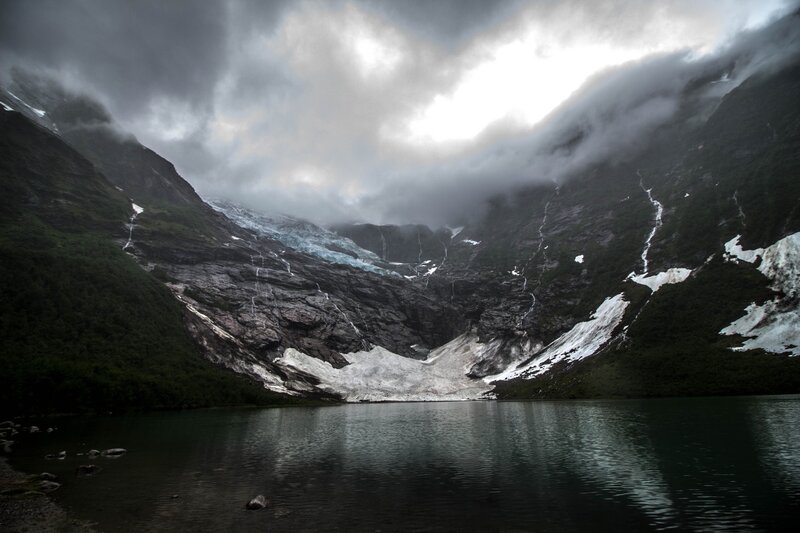 Glacier in Mountain Valley — Gray, Dramatic, Photograph, Lake