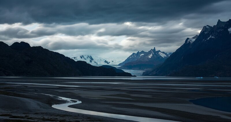 Glacier in Mountain Valley — Gray, Dramatic, Photograph, Mountains, Ice, River