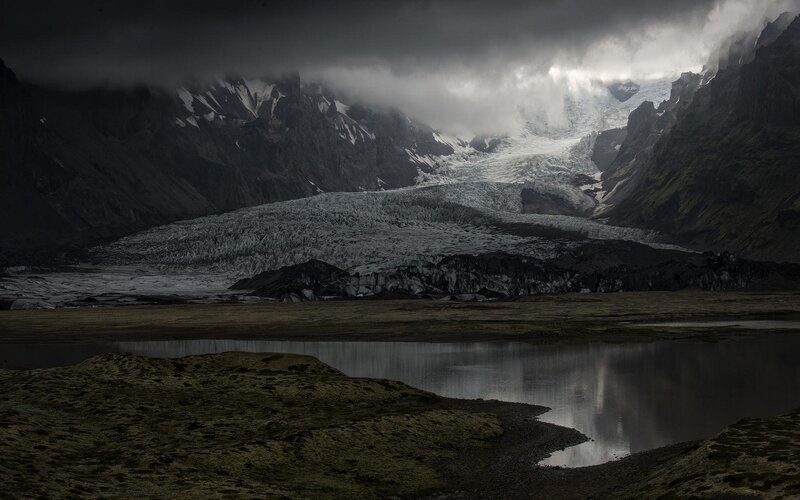 Glacier in Mountain Valley — Gray, Dramatic, Photograph, Mountains, Ice