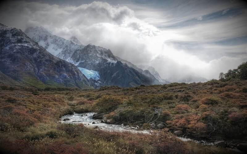 Glacier in Mountain Valley — Gray, Dramatic, Photograph, Mountains, River