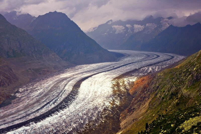Glacier in Mountain Valley — Gray, Dramatic, Photograph, Mountains, Snow, Clouds