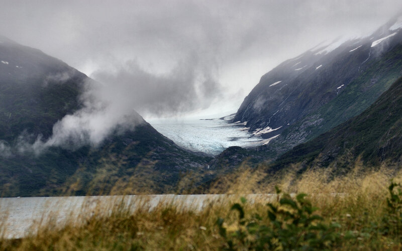 Glacier in Mountain Valley — Gray, Dramatic, Photograph