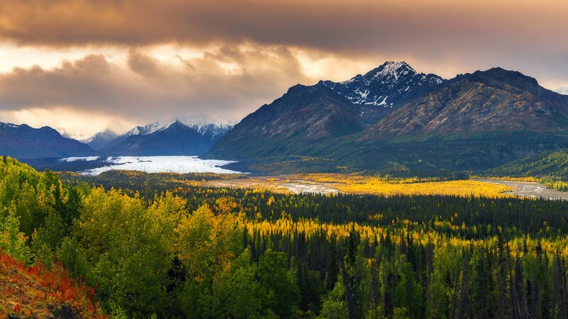 Glacier in Mountain Valley — Green, Dramatic, Sunset