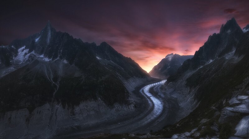 Glacier in Mountain Valley — Purple, Dramatic