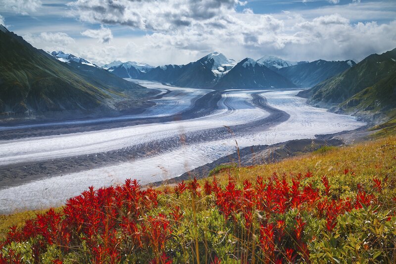 Glacier in Mountain Valley — Red