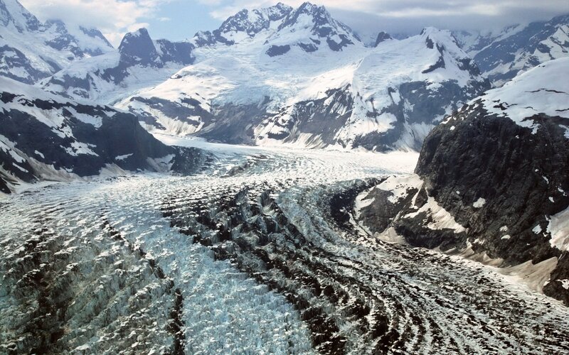 Glacier in Mountain Valley — White, Dramatic, Photograph