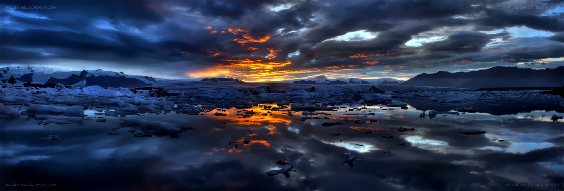 Glacier lagoon at sunset