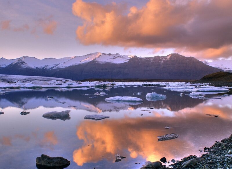 Glacier lagoon at sunset