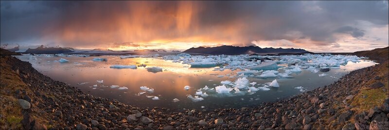 Glacier lagoon at sunset