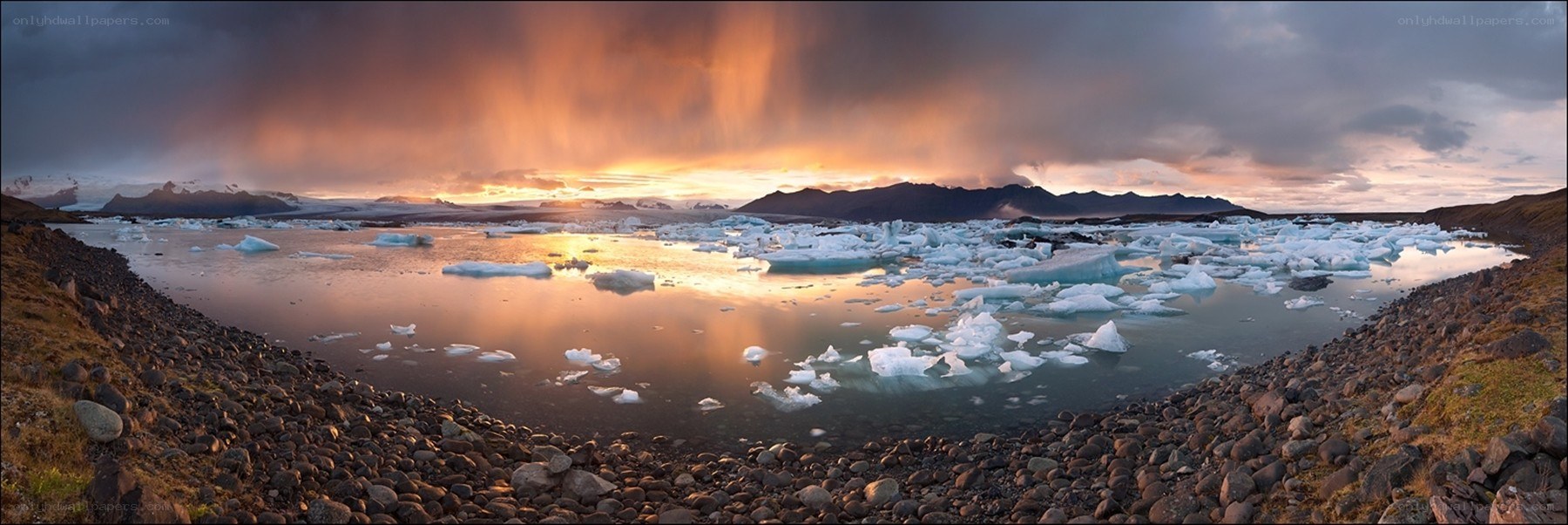 Glacier lagoon at sunset
