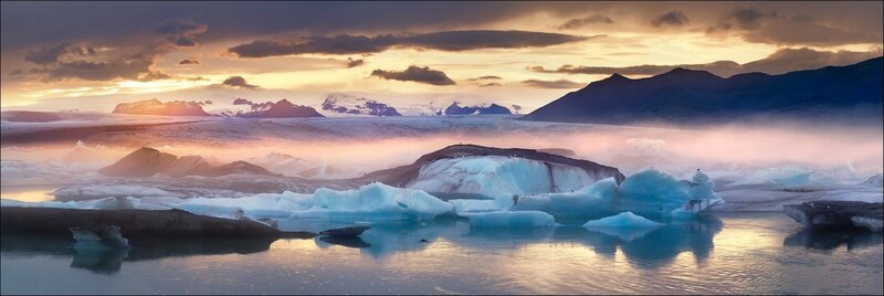 Glacier lagoon at sunset