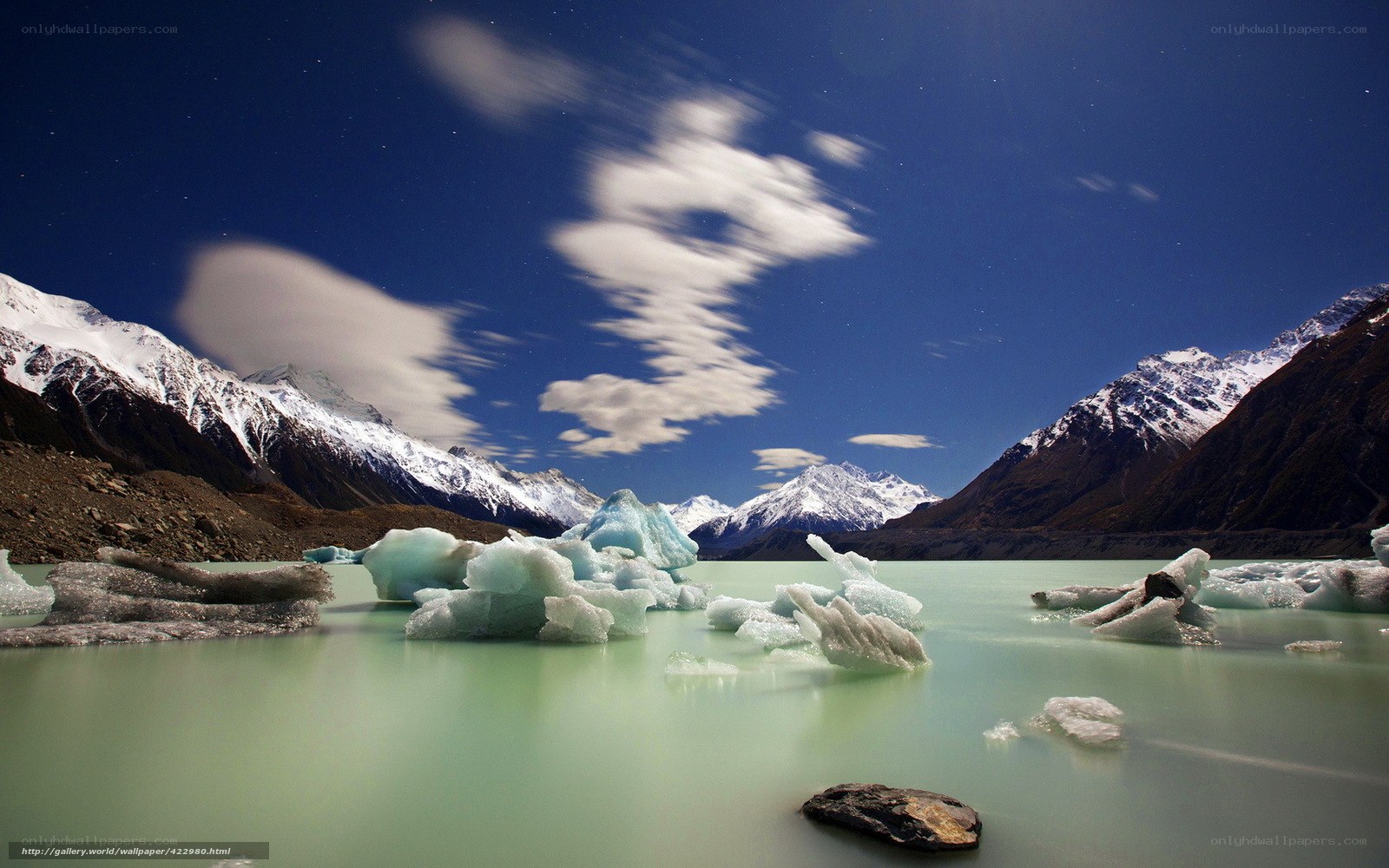 Glacier lake at night with icebergs