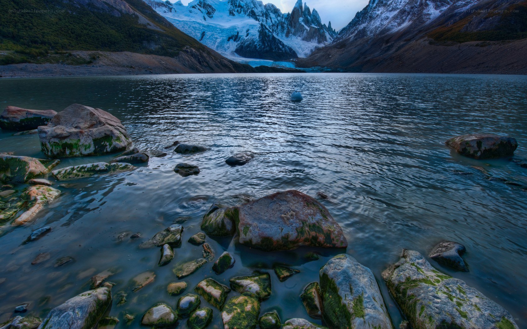 Glacier lake with snow-capped mountains