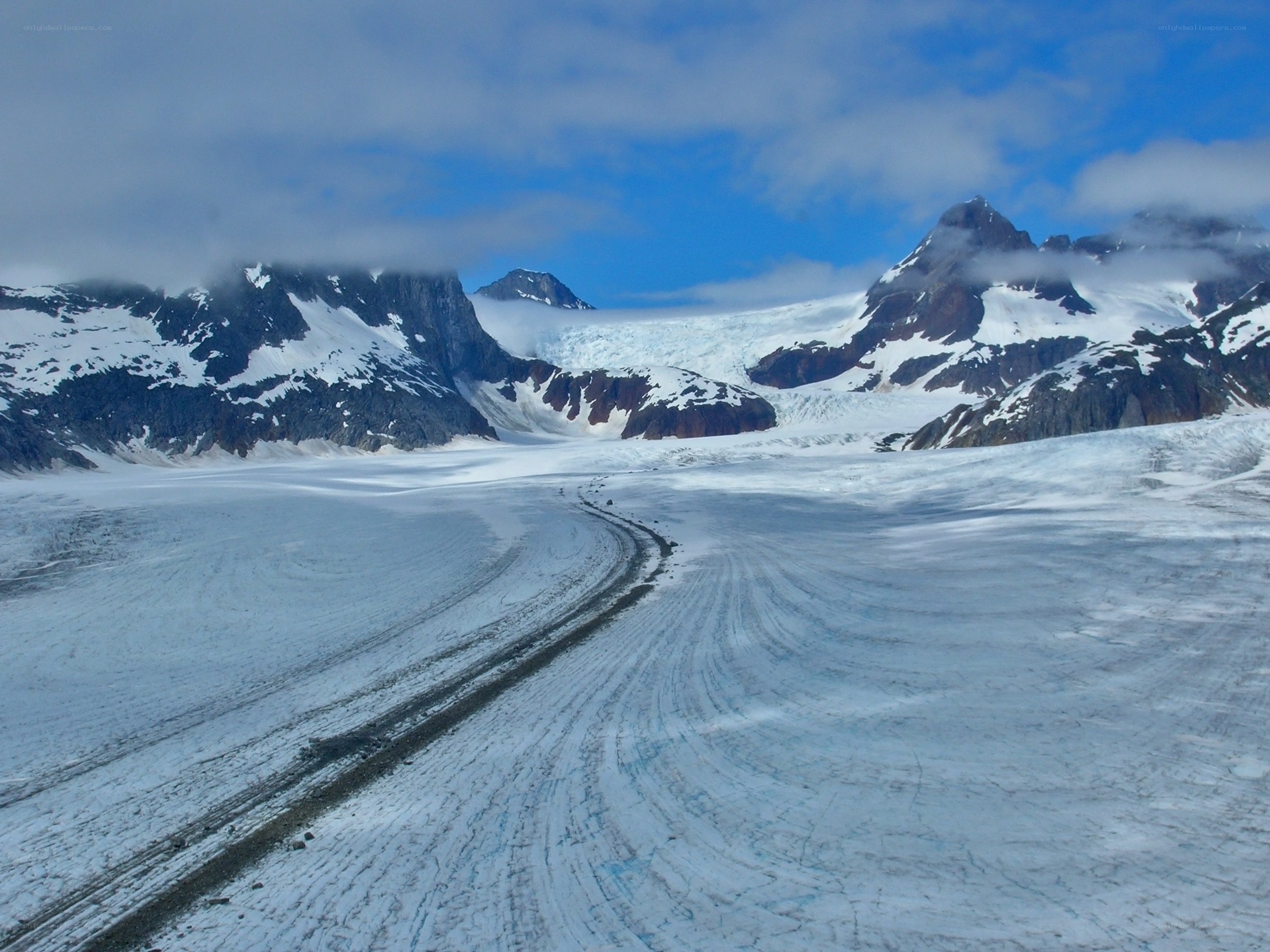 Glacier landscape with mountain peaks