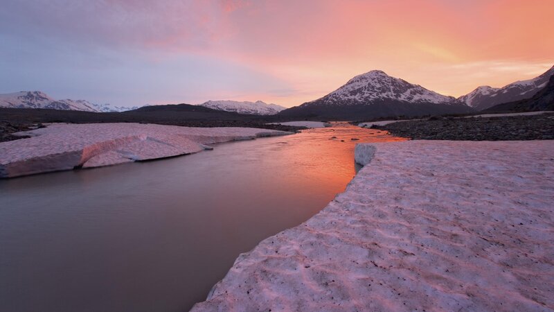 Glacier River at Sunset — Pink, Serene, Photograph