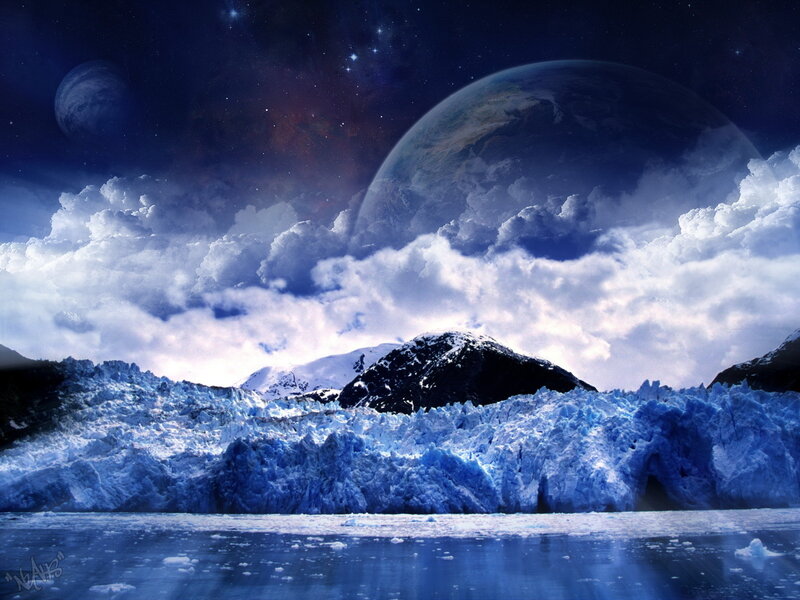 Glacier under Alien Sky — Blue, Dramatic, Night, Digital Art, Ice, Clouds, Planets, White