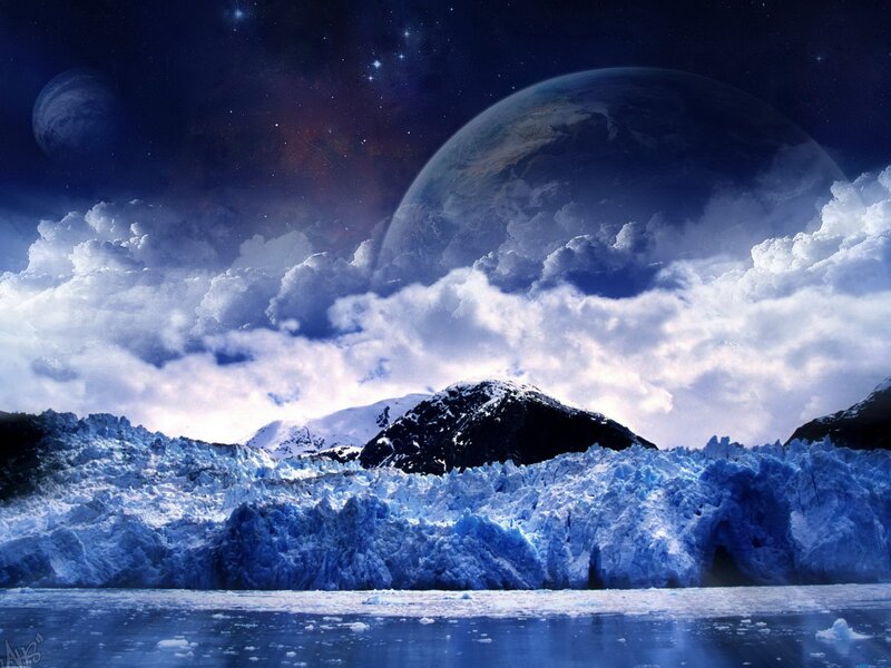 Glacier under Alien Sky — Blue, Dramatic, Night, Digital Art