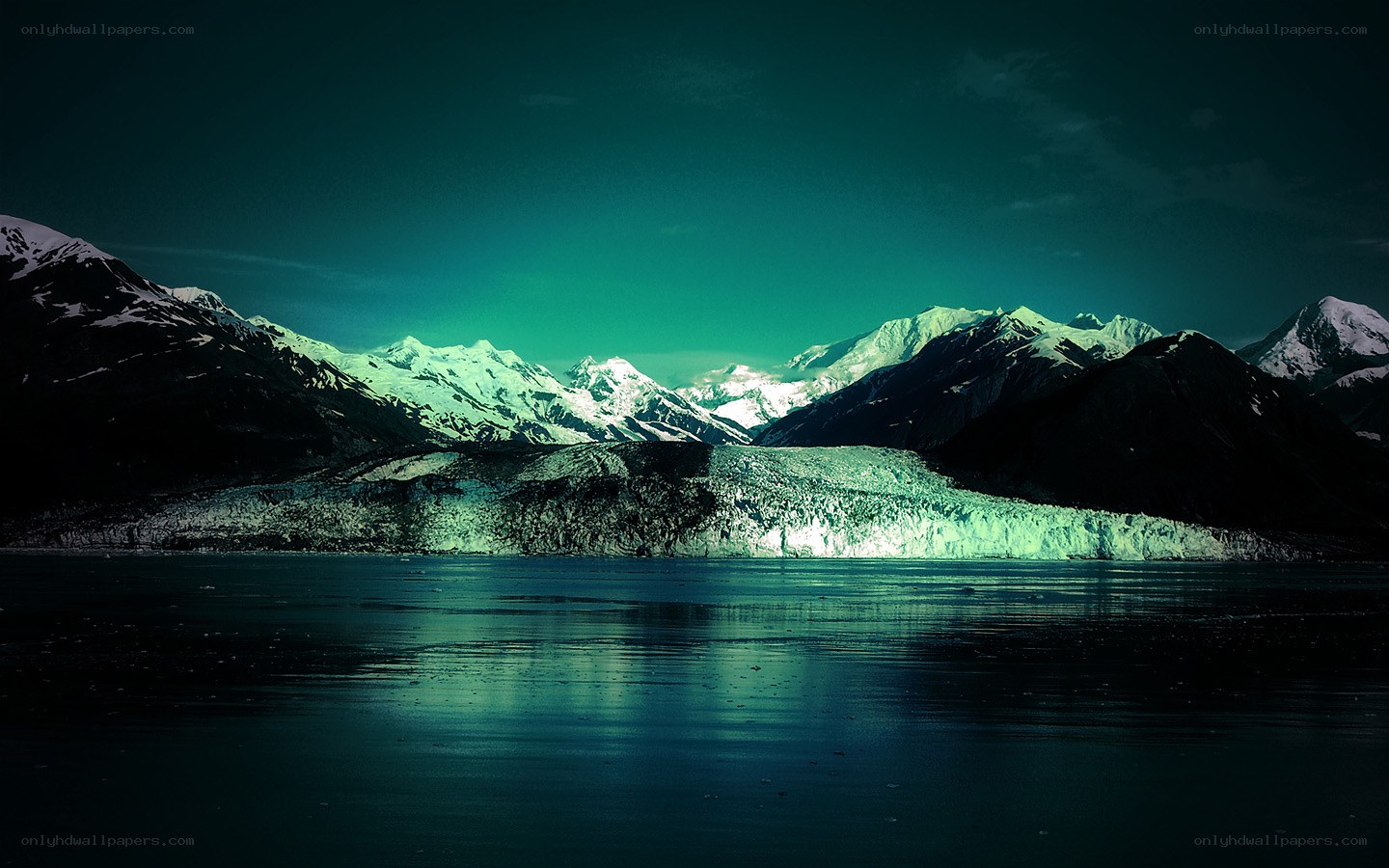 glacier under green aurora