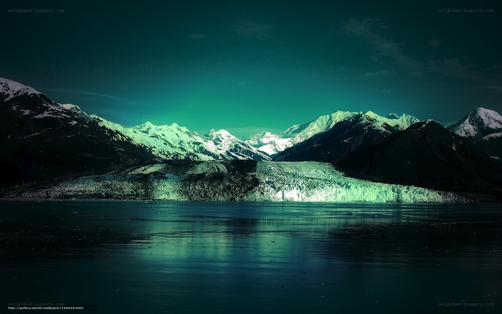 glacier under green aurora