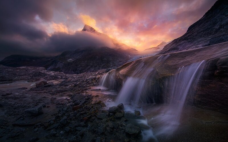 Glacier Waterfall at Sunset
