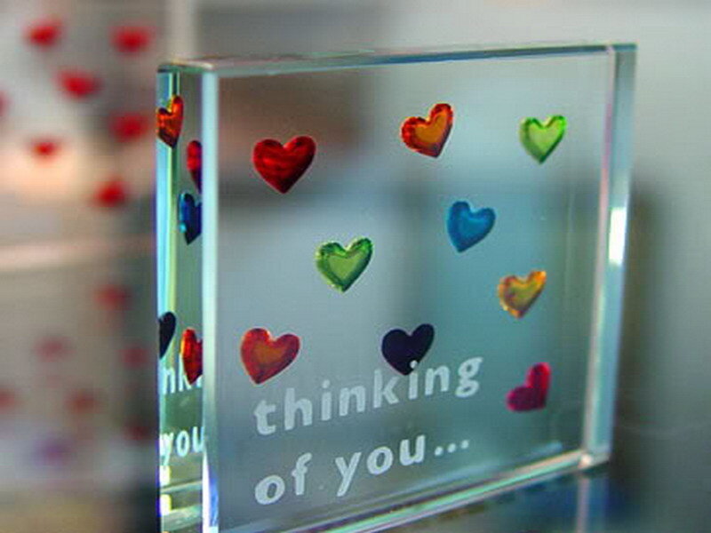 Glass block with hearts and message
